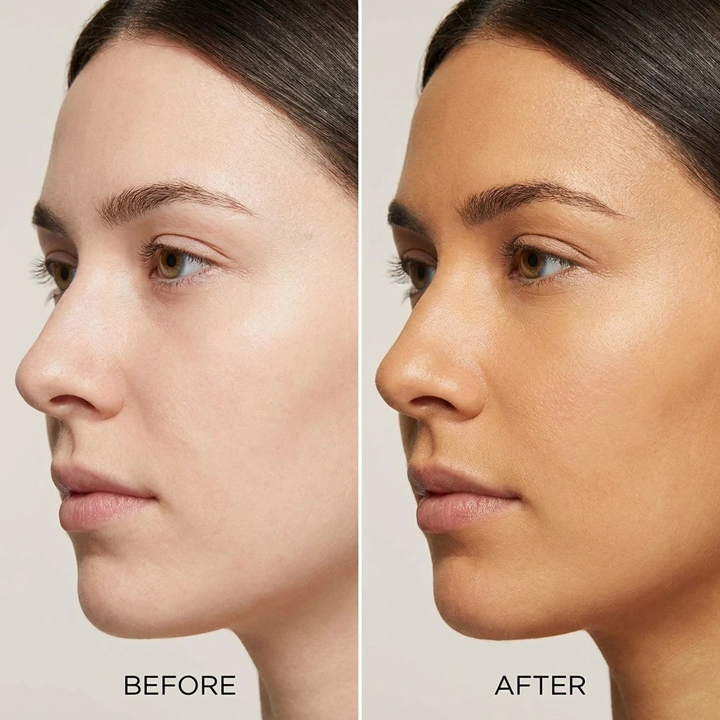 AI-generated illustration of lighter and warmer-looking skin, labeled before and after