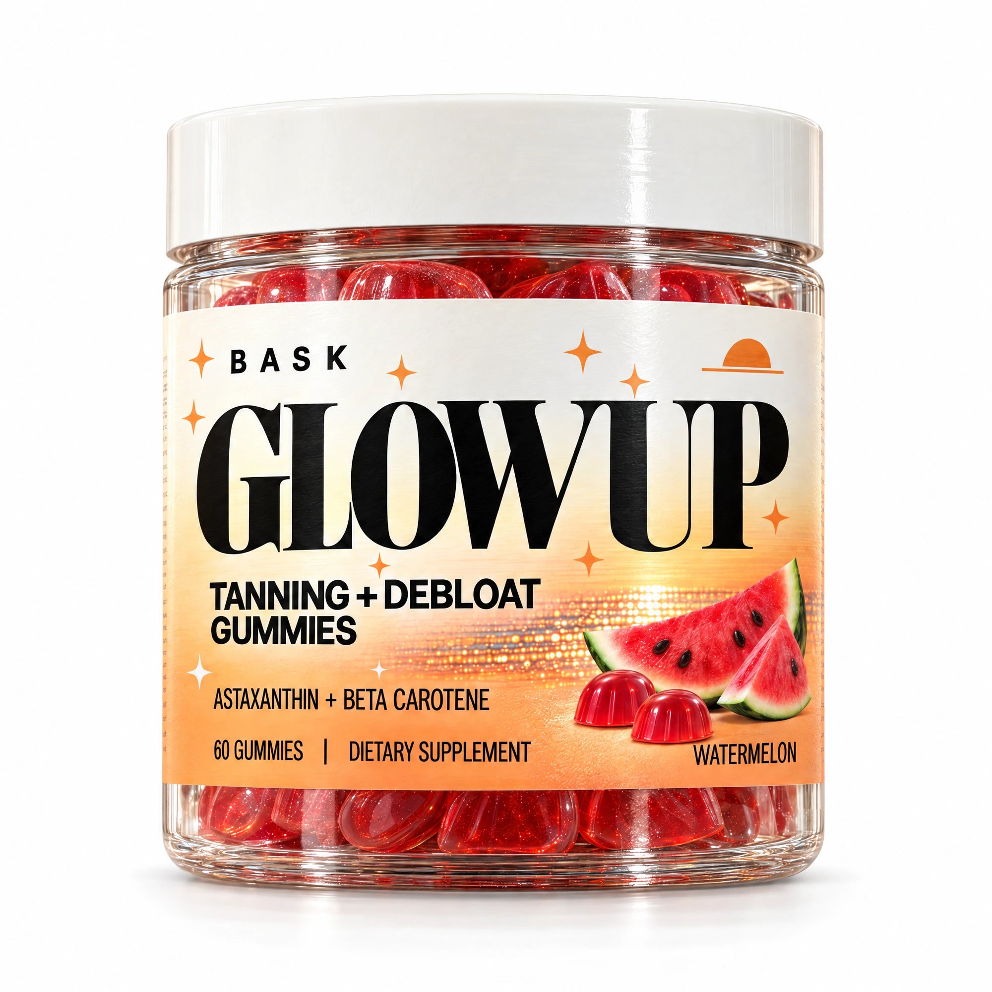 Front view of the BASK GLOWUP tanning and debloat gummy jar